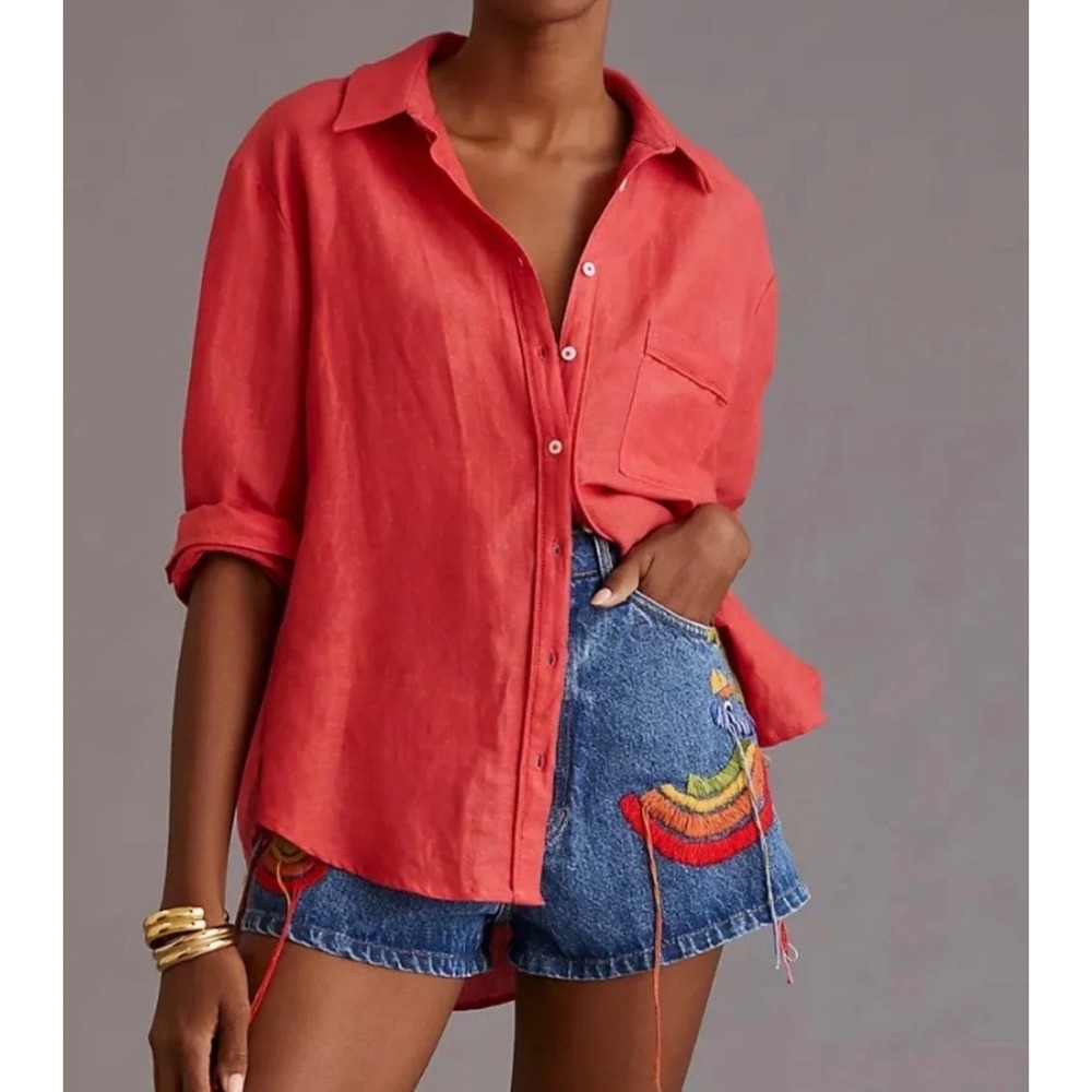 Maeve Anthropologie Bennet Buttondown Shirt Linen Edition Red XS NWOT